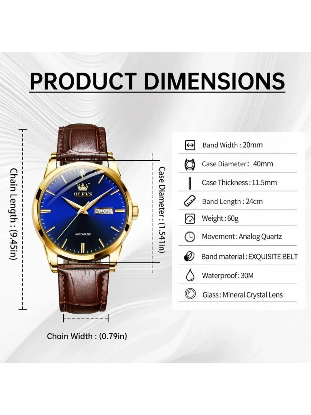 Men's Brown strap/Blue Dial Luxury Leather Band Mechanical Classic Wrist Watch